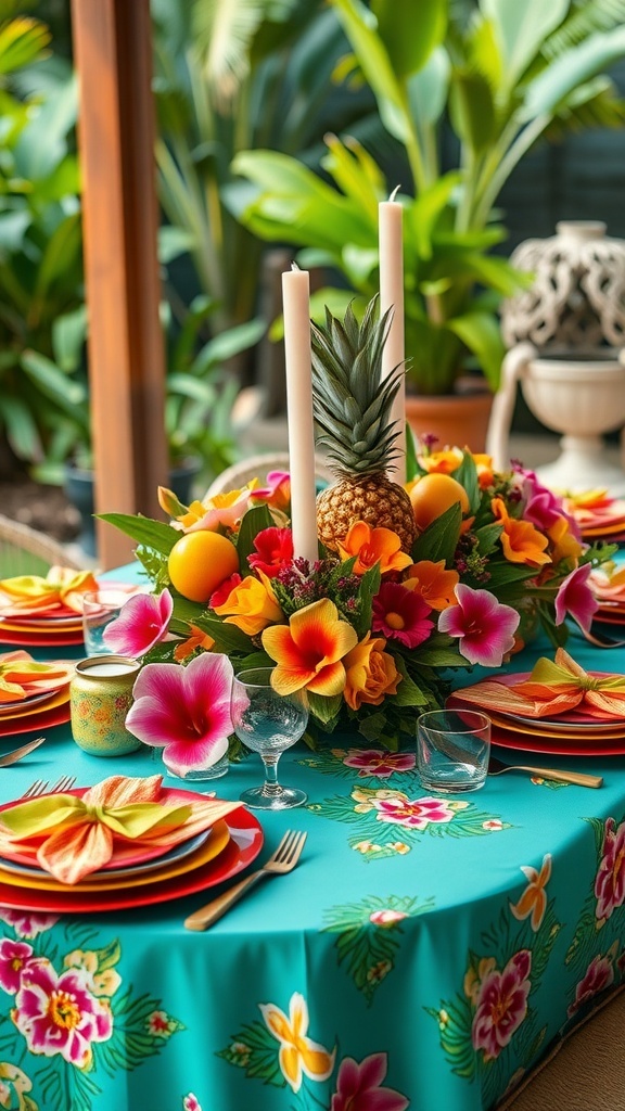 Summer Christmas Table Decorations A summer Christmas table decorated with tropical flowers and fruits, colorful tableware, and candles in an outdoor setting.